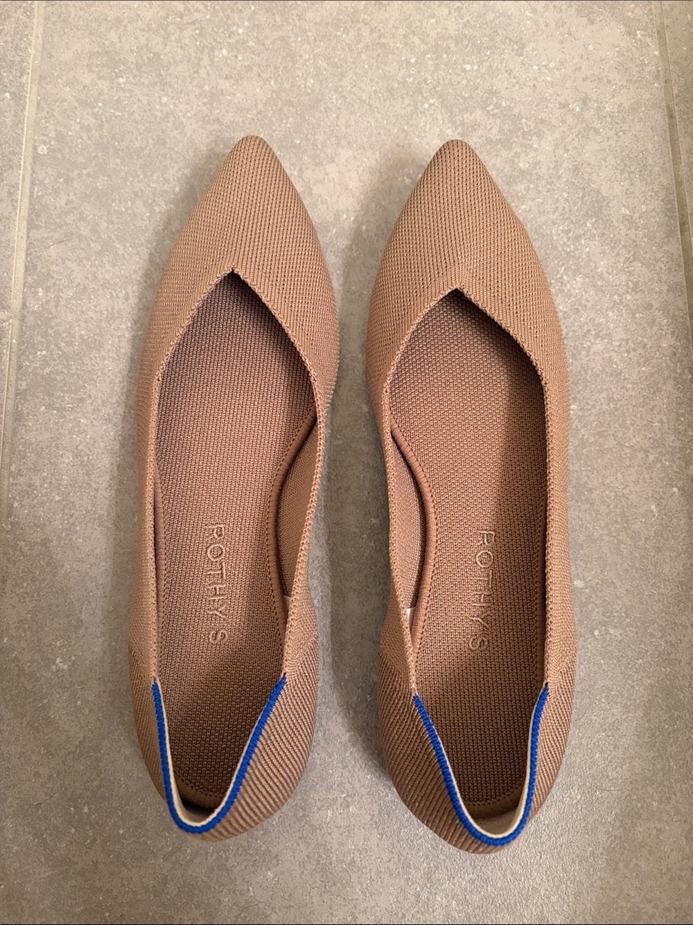Rothy's Pointed Knit Flats in Camel with Blue Heel Trim